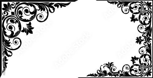 Bold Baroque Style Floral Scrollwork Corner Frame Ornaments, High Contrast Black Decorative Flourish for Luxury Stationery