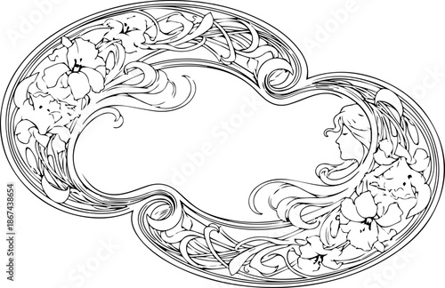 Classic Art Nouveau Style Decorative Border Frame Featuring Woman's Profile and Lily Flowers in Elegant Flowing Lines
