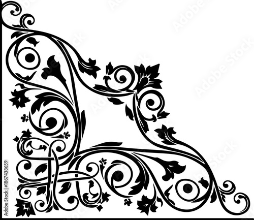Architectural Style Floral Corner Flourish, Clean Classical Filigree Scrollwork Design Element for Elegant Frames