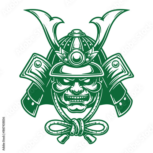 Green samurai warrior face in armor helmet isolated on transparent background