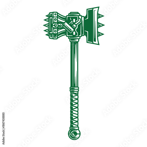 Green robotic hammer with spikes and a long handle  a futuristic tool for heavy duty work