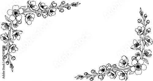 Elegant floral frame with blossoming cherry branches, perfect for spring designs, wedding invitations, and botanical themes originally created as a scalable graphic