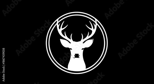 Elegant white deer head emblem in modern circular frame, perfect for nature brands, outdoor apparel, or wildlife conservation campaigns, scalable vector art