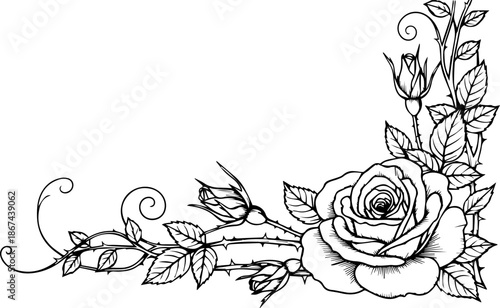 Elegant rose corner design for invitations and cards, perfect for adding a touch of classic beauty and romance, originally a scalable vector graphic