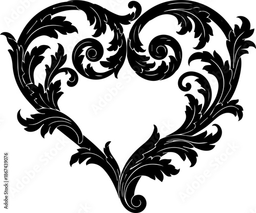 Elegant filigree heart design with swirling flourishes for Valentine's Day cards or wedding invitations, scalable vector graphic for creative projects