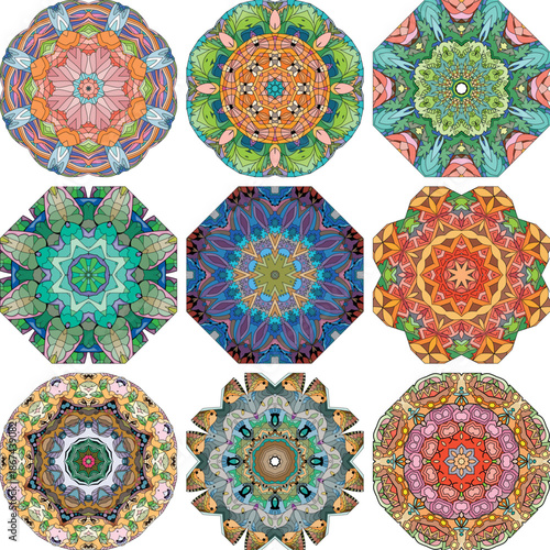 Set of colorful cute Mandalas. Decorative unusual round ornaments.