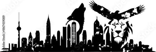 Dynamic skyline silhouette featuring a majestic wolf, eagle, and lion, symbolizing urban strength and untamed nature, a powerful visual statement for brands