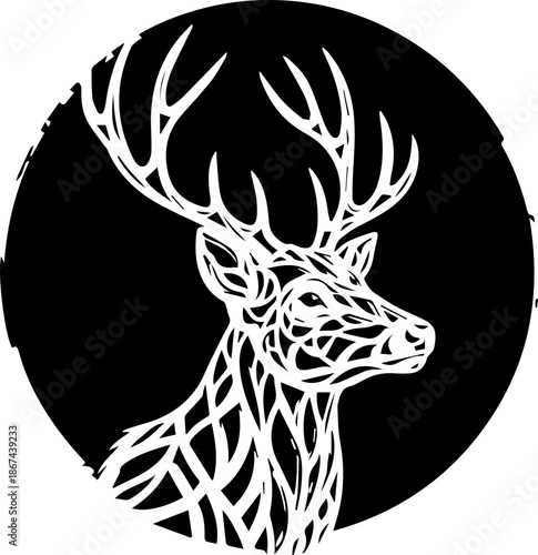 Majestic deer head logo, perfect for wildlife brand, hunting club, or nature-inspired design. Elegant animal emblem with vintage charm and rustic appeal