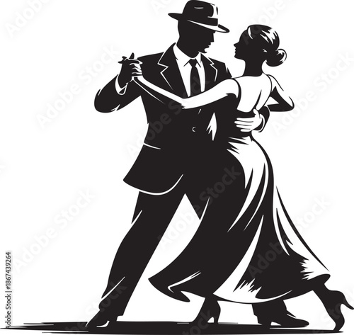 Elegant couple dancing together in a romantic ballroom dance pose with man wearing a stylish hat and holding a cigar in a beautiful black and white illustration.