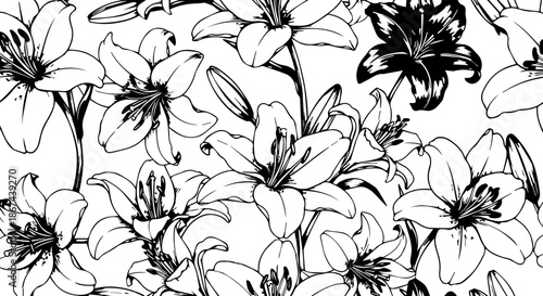 Elegant lily flower arrangement with hand-drawn line art for fabric design or botanical print. Classic floral pattern, perfect for spring and summer designs