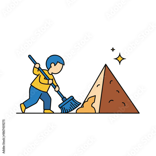 A cartoon boy diligently sweeps sand from an ancient pyramid, revealing its clean, shining surface, symbolizing restoration and care.