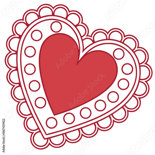 A symmetrical red heart design with a white lace-like border and evenly spaced red dots, evoking a romantic and festive feel ideal for Valentine's Day or love-themed artwork.