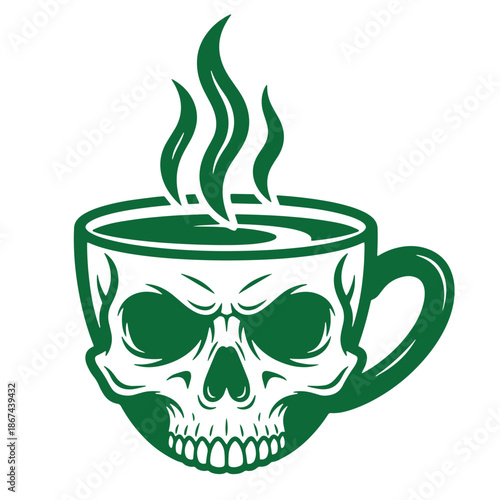 Green skull shaped coffee cup with steam rising  symbol of caffeine and mortality