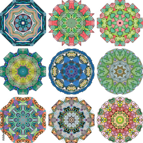Set of colorful cute Mandalas. Decorative unusual round ornaments.