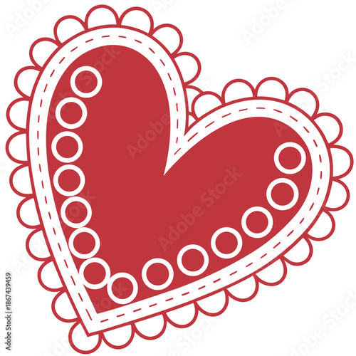 Red heart with scalloped edges and stitched details. Cute fabric patch style vector illustration isolated on white.