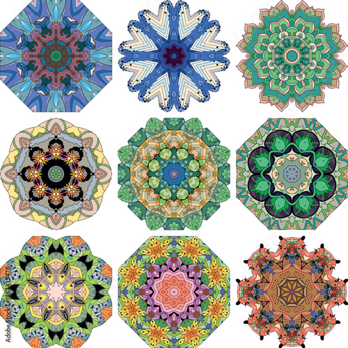 Set of colorful cute Mandalas. Decorative unusual round ornaments.