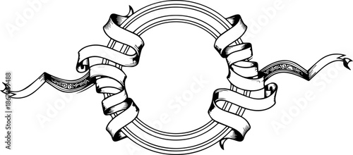 Elegant circular frame with flowing vintage ribbons, ideal for invitations, logos, or personalized designs offering a touch of classic charm and creativity