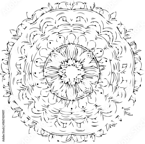 Intricate floral mandala pattern for coloring books or elegant designs, originally vector art for scalable creations and creative projects, line drawing