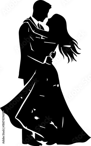 Romantic silhouette of bride and groom in loving embrace, perfect for wedding designs, invitations, and anniversary celebrations of everlasting love