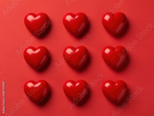 Nine red hearts arranged on a red background