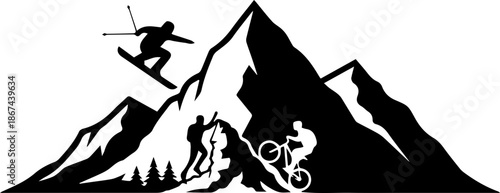 Thrilling mountain adventures featuring skiing, hiking, and biking, perfect for outdoor enthusiasts and active lifestyle brands, a dynamic action scene