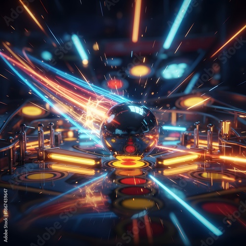 Futuristic Pinball Game with Glowing Neon Lights and Dynamic Energy Trails
