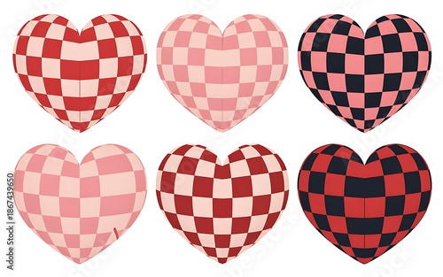 Colorful heart shapes with checkered patterns on white