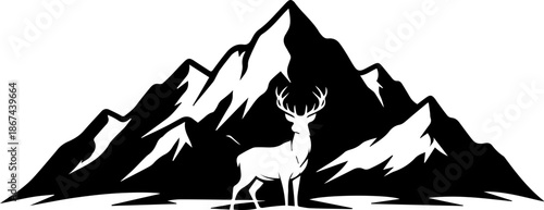 Stunning deer silhouette amidst majestic mountain peaks, evoking adventure and wilderness, ideal for outdoor brands and nature-themed projects, originally vector art