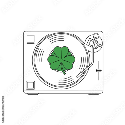 Four leaf clover on vinyl record player turntable music dj disc jockey