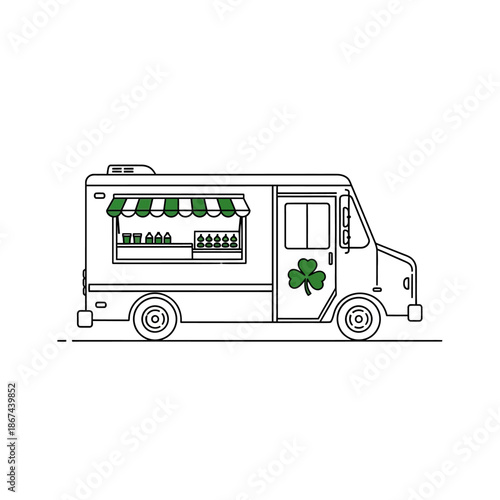 Food truck with green shamrock on side St. Patricks Day vehicle illustration