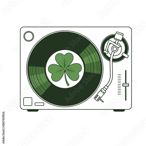 Vinyl record player with shamrock on record turntable green St. Patricks Day