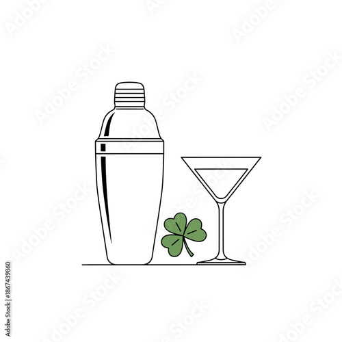 Cocktail shaker martini glass four leaf clover line art illustration vector