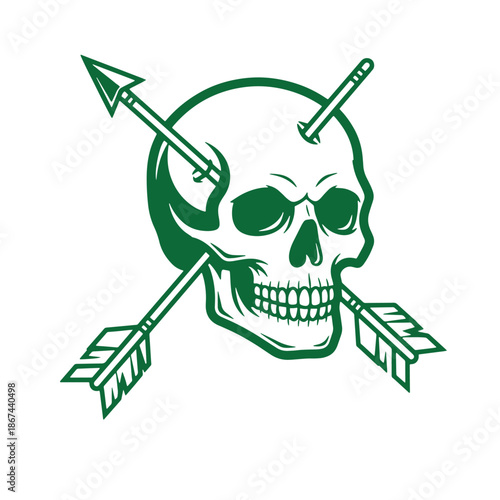 Green skull with crossed arrows on white background  symbol of danger and warning