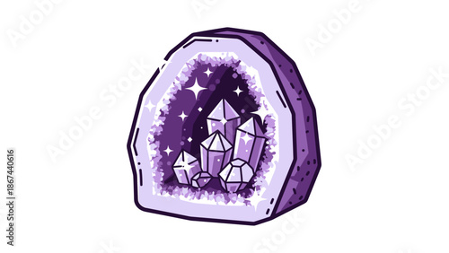 Purple geode with crystals and stars inside.