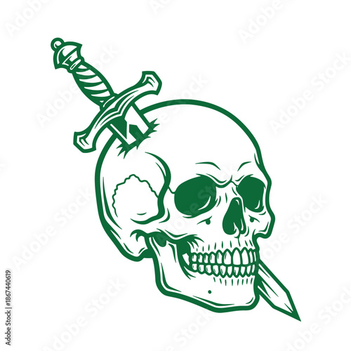 green skull with dagger through head isolated on transparent background