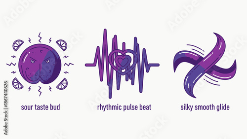 Vibrant purple abstract icons representing taste, sound, and motion.