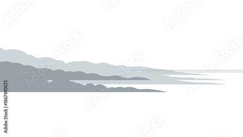 Serene landscape with layered mountains and calm water.