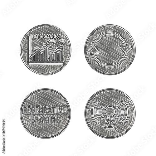 This set of four metallic tokens visually represents advanced technological ideas, encompassing energy efficiency, regenerative braking, and communication systems.