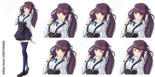 可愛いツインテールの女子高生キャラの立ち絵素材 - 表情差分喜怒哀楽