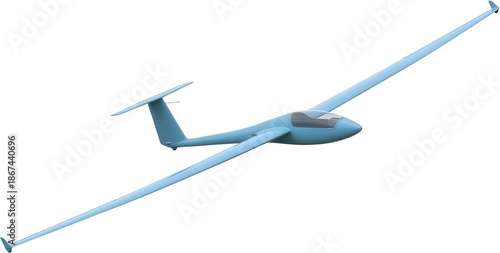 A light blue glider airplane with a clear canopy and long wings is depicted from a three quarter side view against an empty space aviation aircraft sky transport travel leisure transparent background