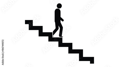 A simple black silhouette of a person walking up a flight of stairs