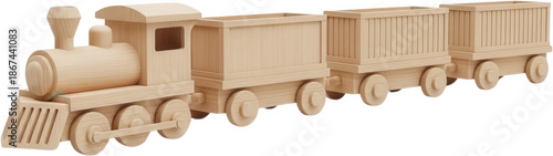 A simple wooden toy train with a locomotive and three connected freight cars rendered with visible wood grain texture 177 characters train set natural material childhood vintage transparent background