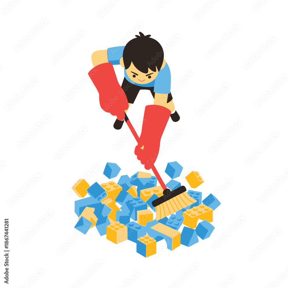 Fototapeta premium A diligent person wearing red gloves is actively sweeping a vibrant pile of blue and yellow building blocks with a broom, illustrating the importance of maintaining a clean and tidy environment.