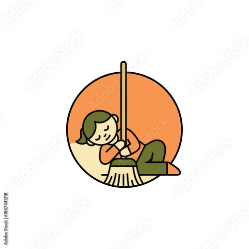 An exhausted individual finds a moment of rest, sleeping peacefully while propped against a broom, symbolizing the need for a break from daily tasks.