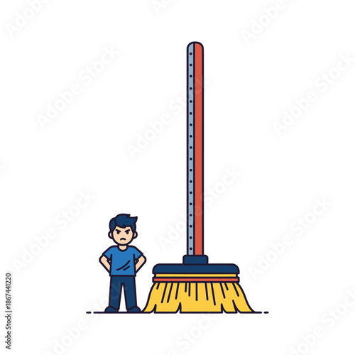A small, frustrated man stands beside an enormous broom, contemplating an impossibly large cleaning task or overwhelming challenge.