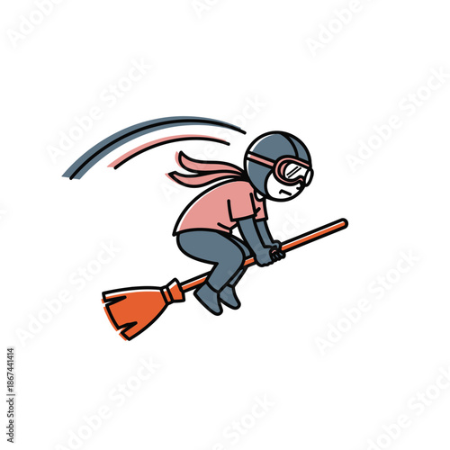 A determined cartoon character wearing a helmet and goggles flies swiftly through the air on a magical broomstick, illustrating speed and fantasy.
