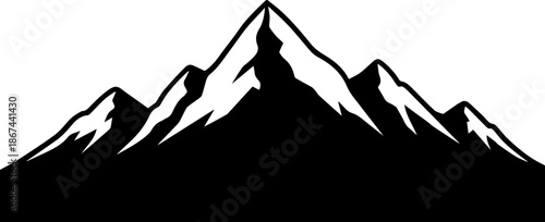 Stunning mountain range silhouette for outdoor adventure designs, perfect for logos, badges, and travel marketing materials. Black and white, scalable.