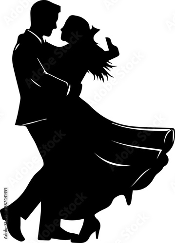 Elegant silhouette of couple dancing romantically together, love and connection, perfect for wedding invitations, event promotions, or romantic designs