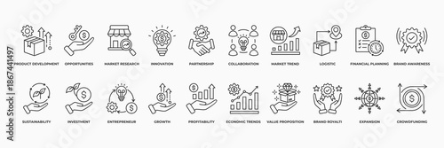 Business Opportunities icon set. with Product Development, Opportunities, Market Research, Innovation, Partnership, Collaboration, Market Trend, Logistic icon.