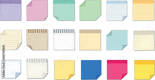 Vector illustration of colorful sticky notes on a white background with various shapes and lined paper textures.